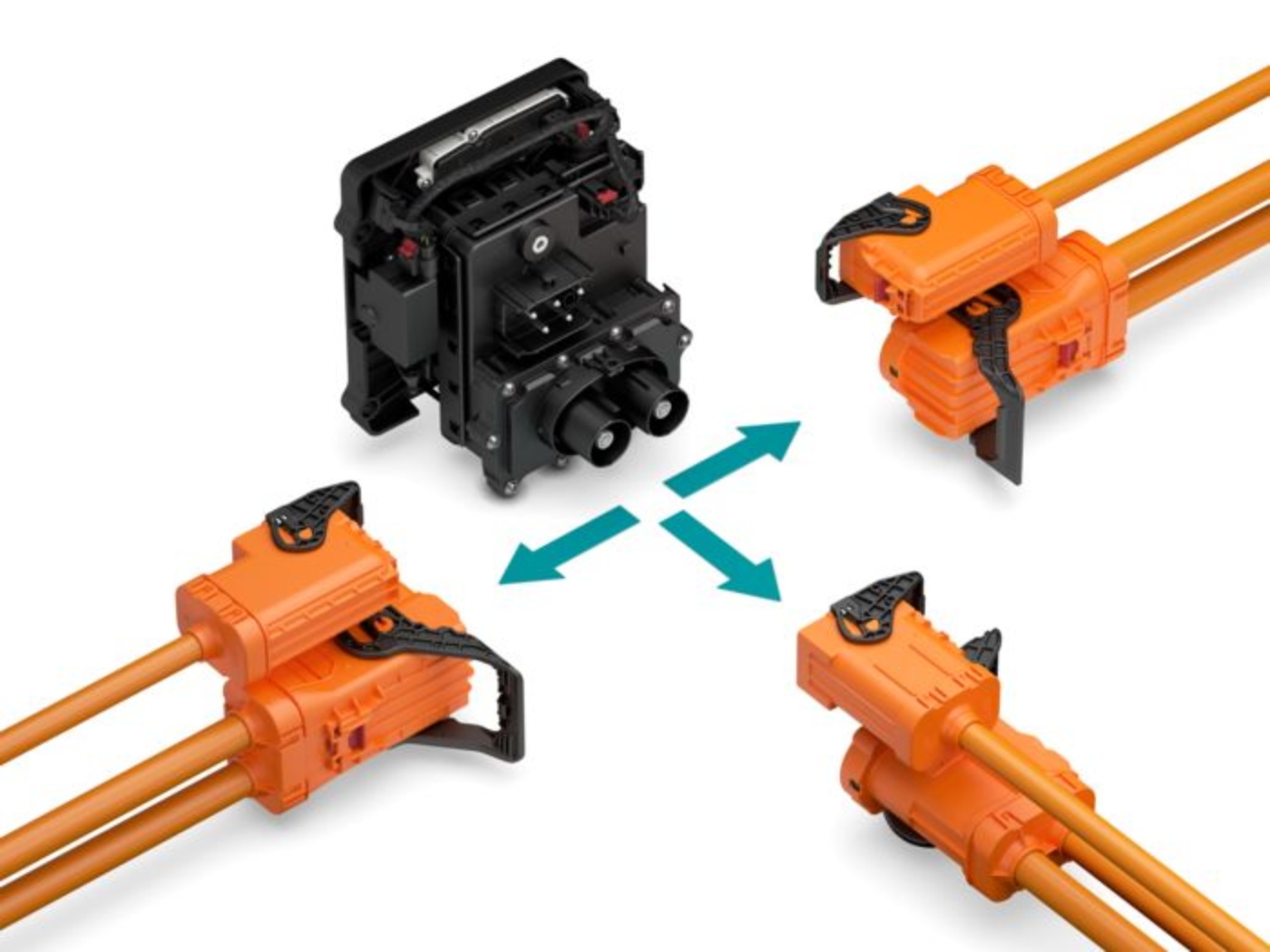 High-voltage connector system with three orange cable sets pointing to a central black socket.