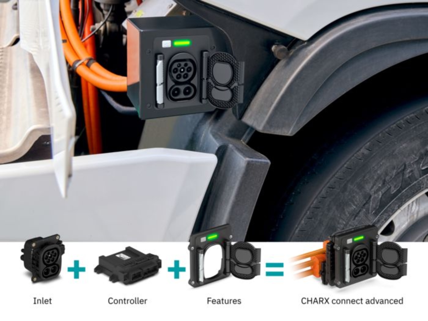 Electric truck charging port with labeled components forming the CHARX connect advanced system.