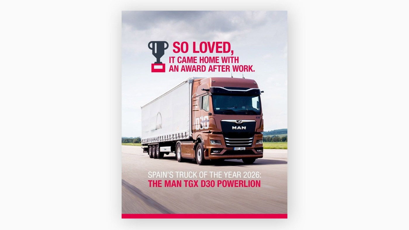 MAN truck driving on a road with text highlighting its award as Spain’s Truck of the Year 2026.
