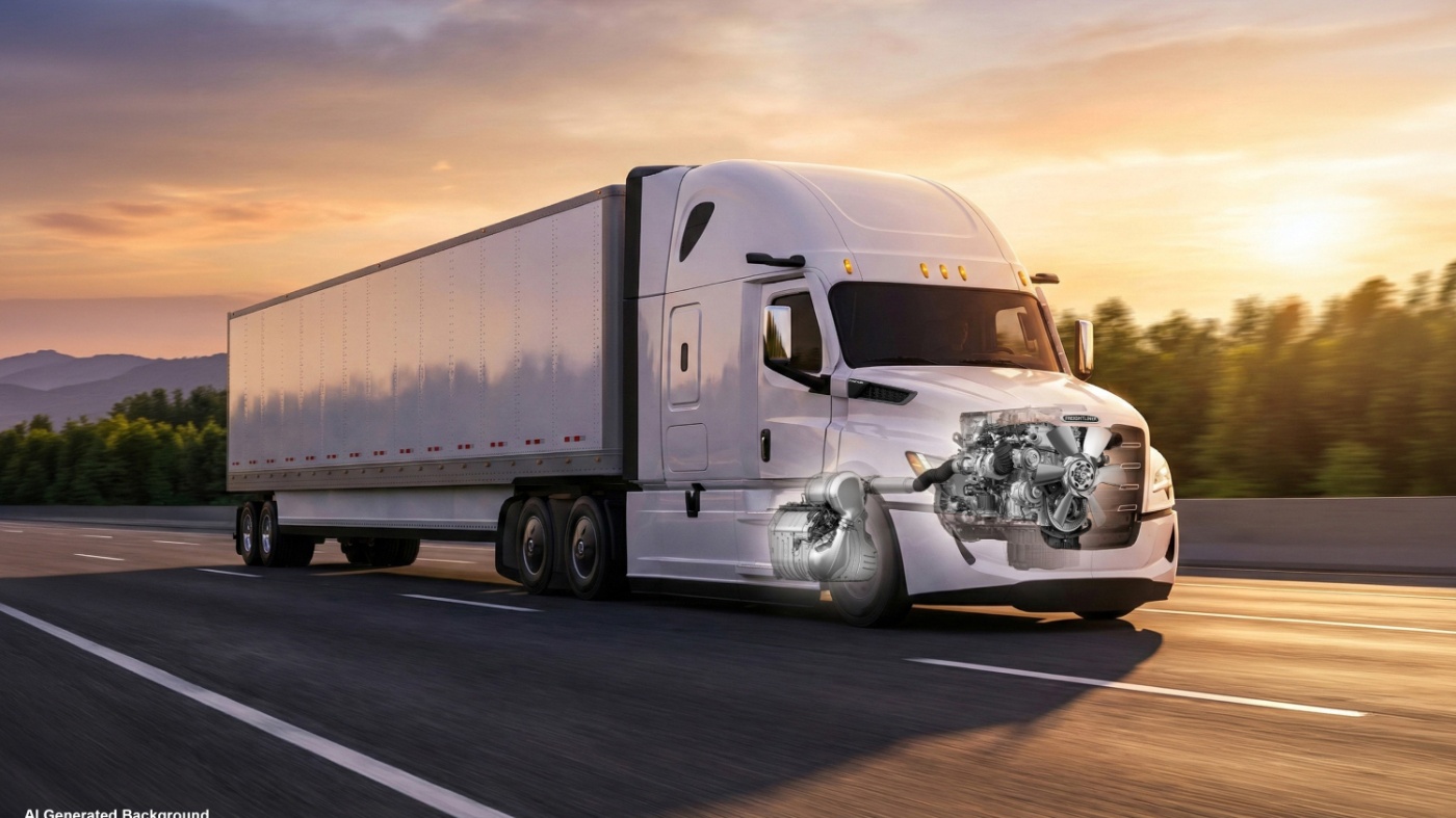 White semi-truck driving on a highway at sunset with engine overlay.