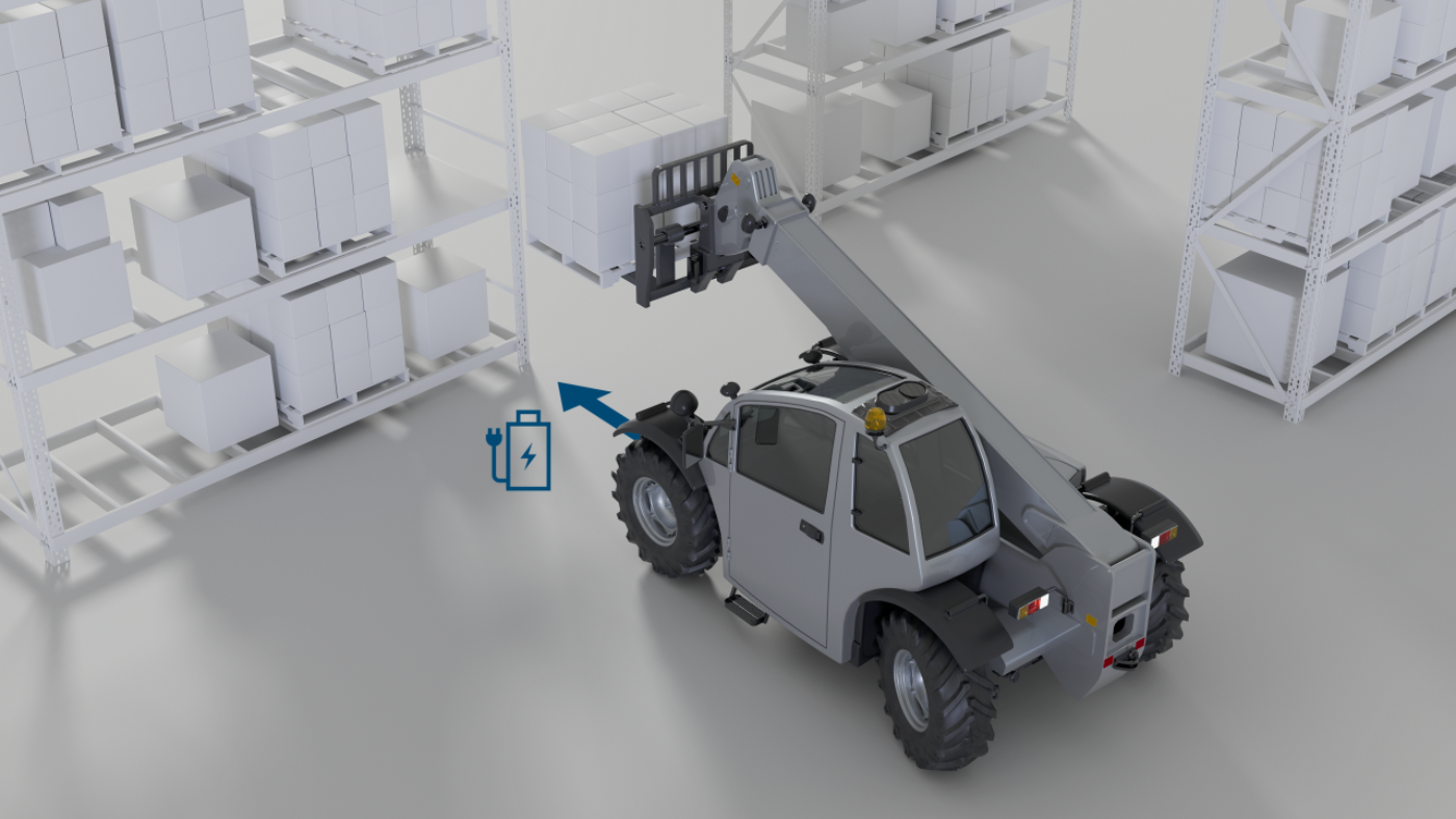 3D-Modell eines Geländefahrzeugs mit offener Motorhaube im Lager.