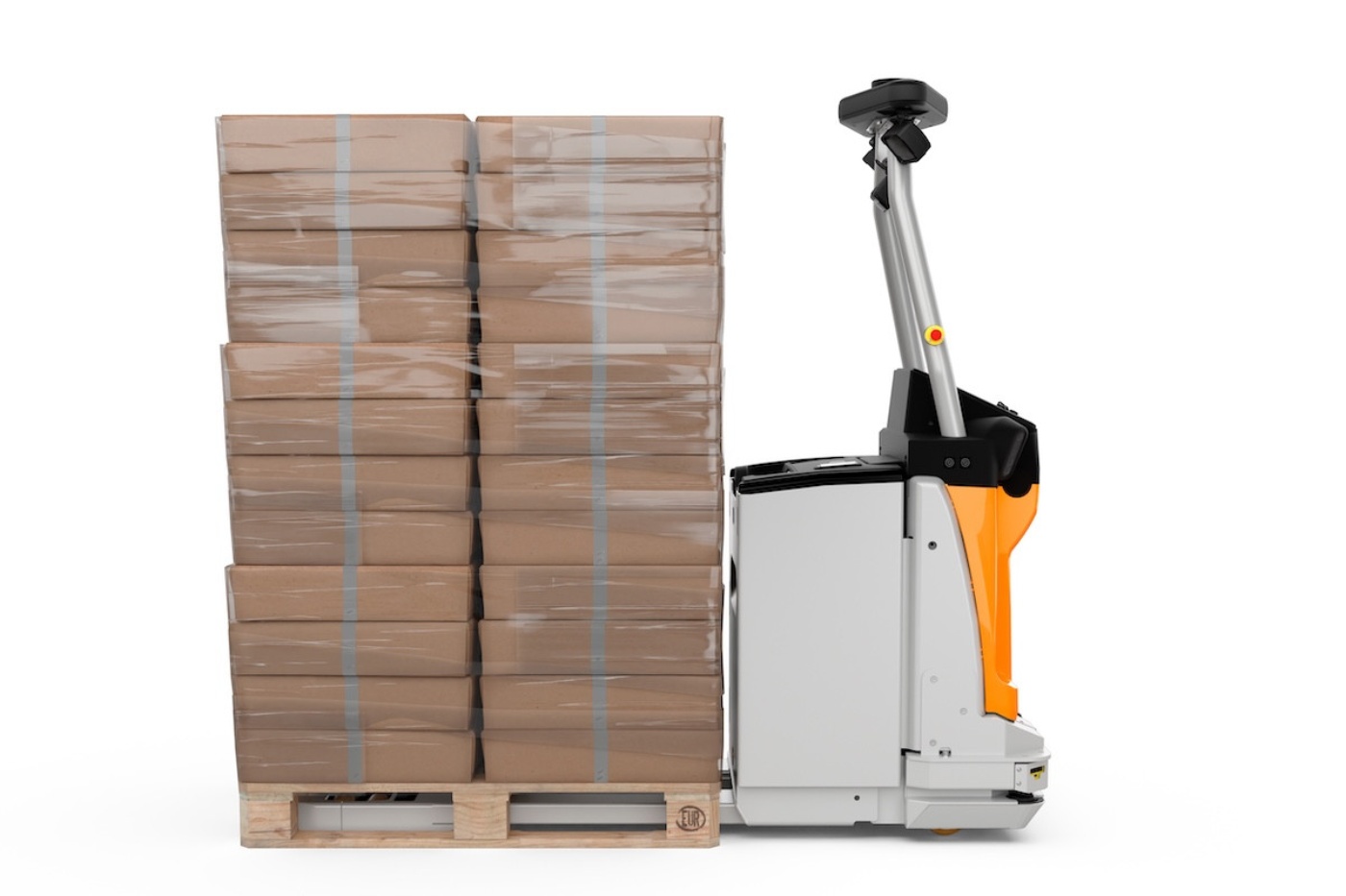 Autonomer Gabelhubwagen neben einem Stapel verpackter Paletten.