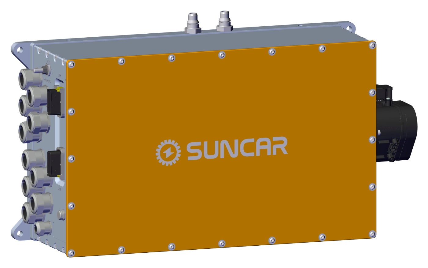 Ein SUNCAR-Steuergerät mit orangefarbener Abdeckung vor weißem Hintergrund.