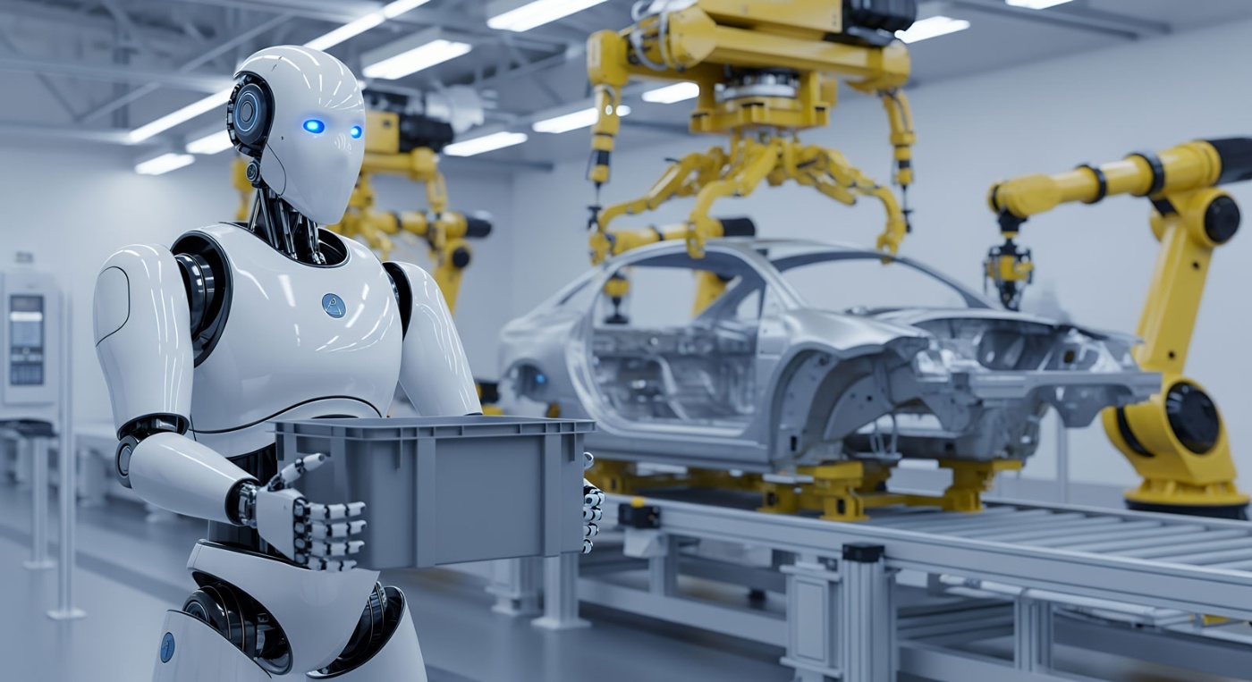 Humanoider Roboter arbeitet an einer Karosserie in einer Fabrik.