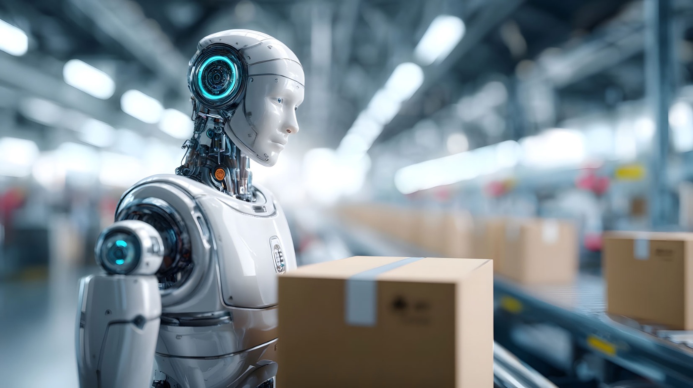 Humanoider Roboter trägt einen Karton in einem modernen Lager.