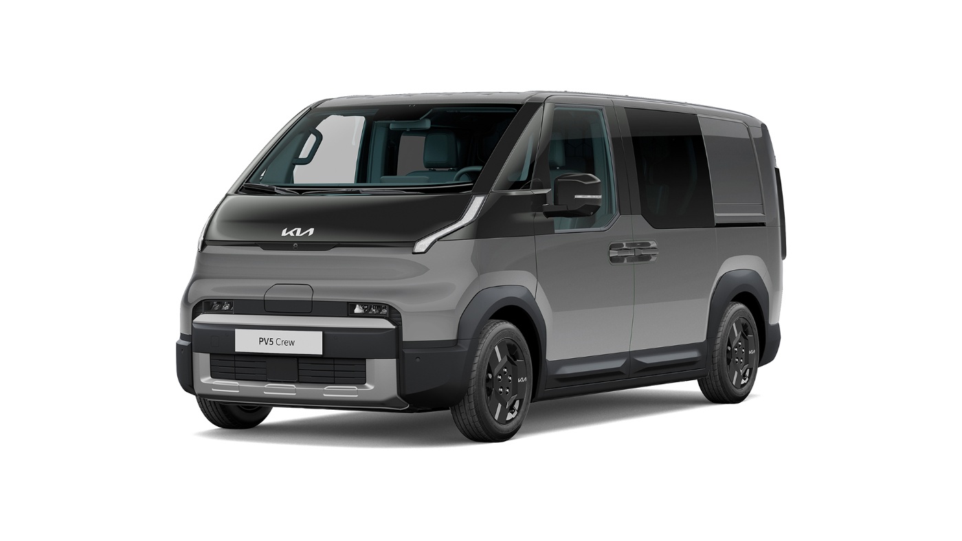 Kia PV5 Crew kompakter Elektro-Transporter in Frontansicht.