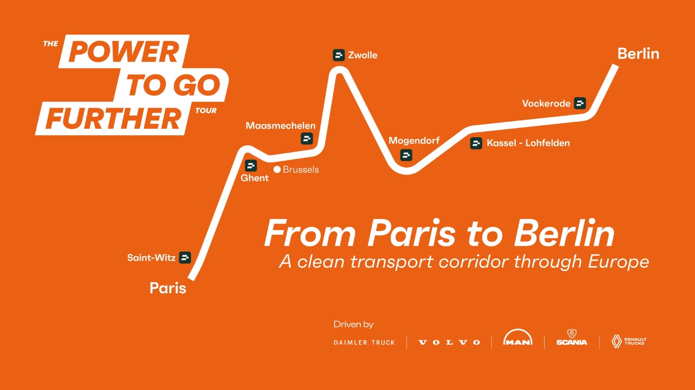 Route map from Paris to Berlin showing clean transport corridor stops.