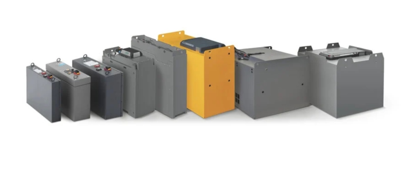 Various industrial battery units in different sizes on white background.