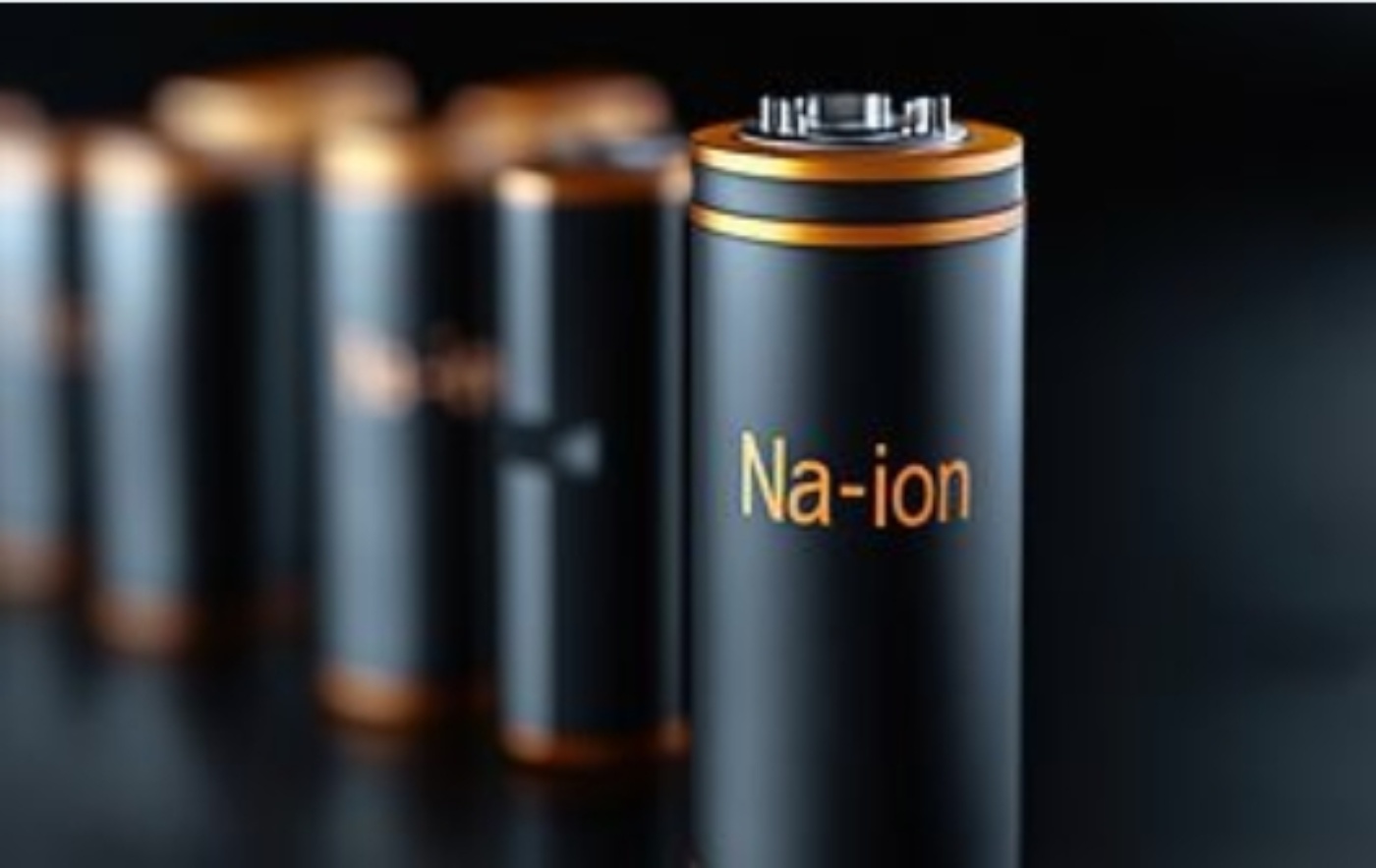Close-up of cylindrical batteries labeled “Na-ion”.