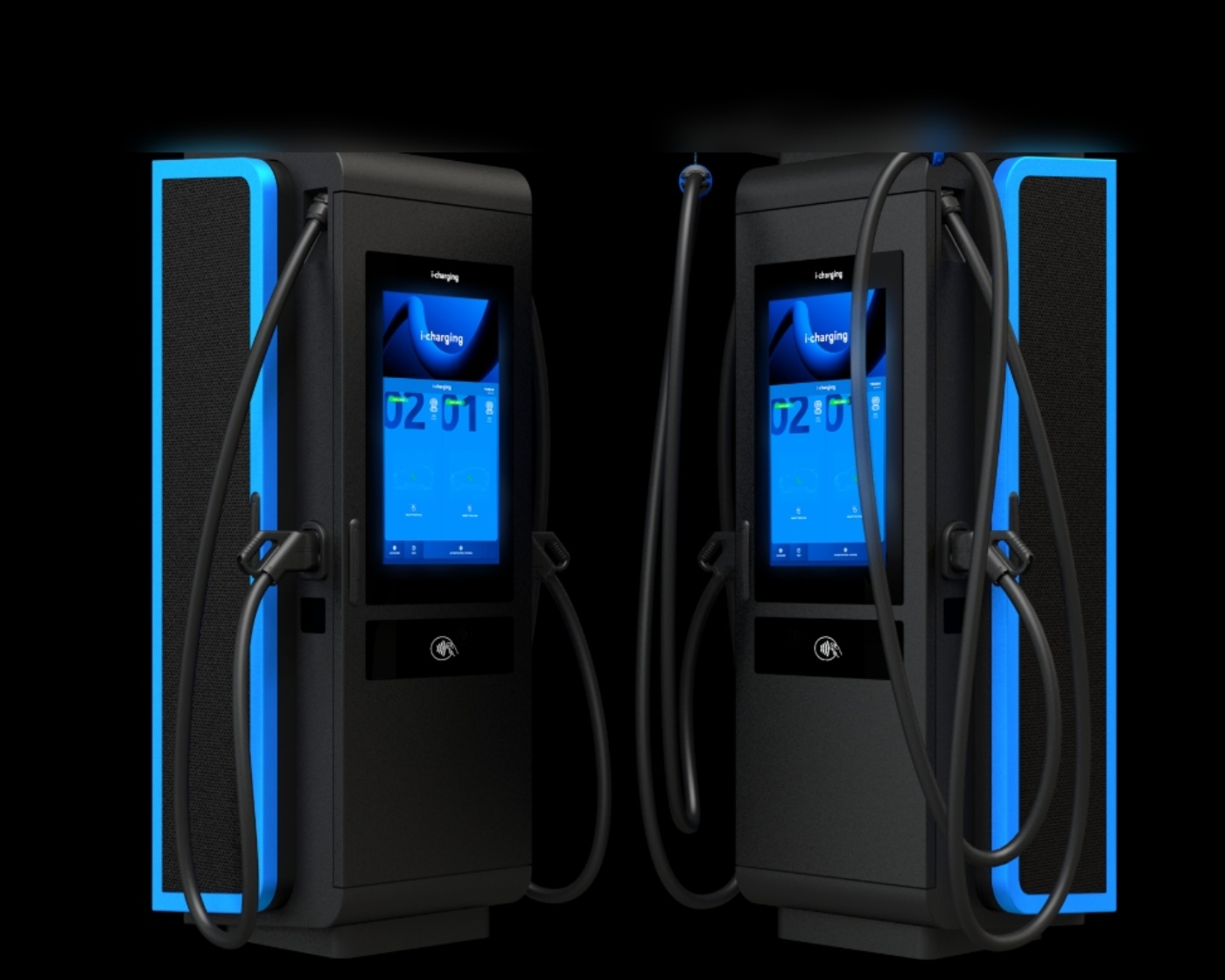 Two electric vehicle charging stations with screens and cables.