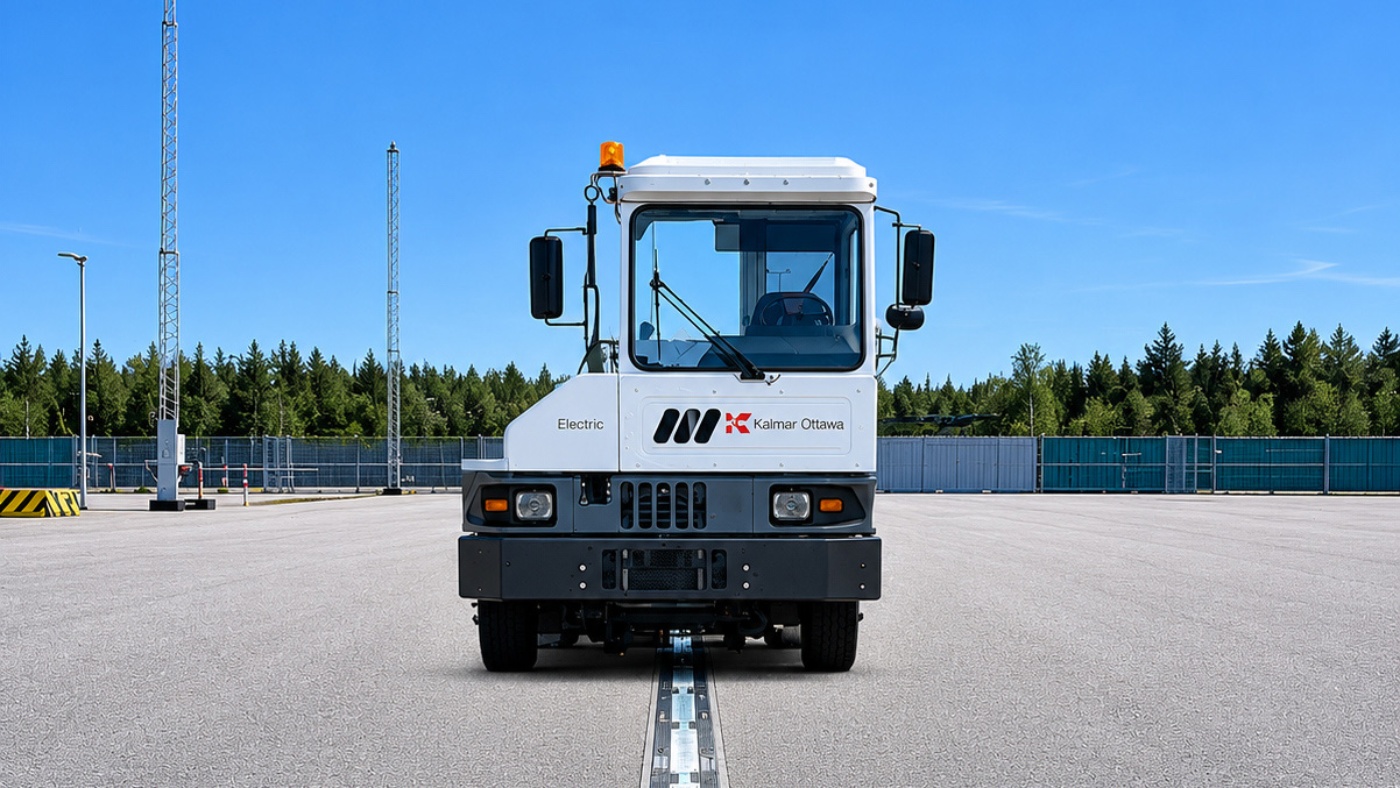 Elektrischer Kalmar Ottawa Terminal-Traktor von vorn auf einem Logistikhof.