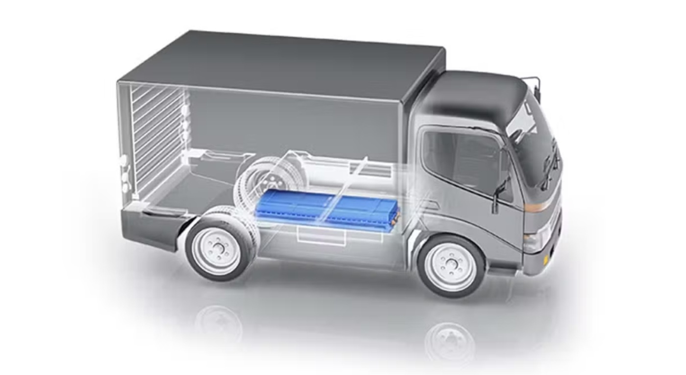 Illustration of an electric delivery van with a visible battery system.