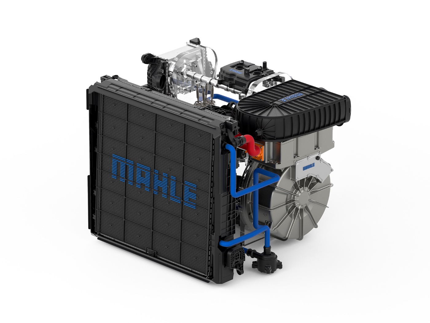 MAHLE Elektroantrieb mit Kühlsystem auf weißem Hintergrund.