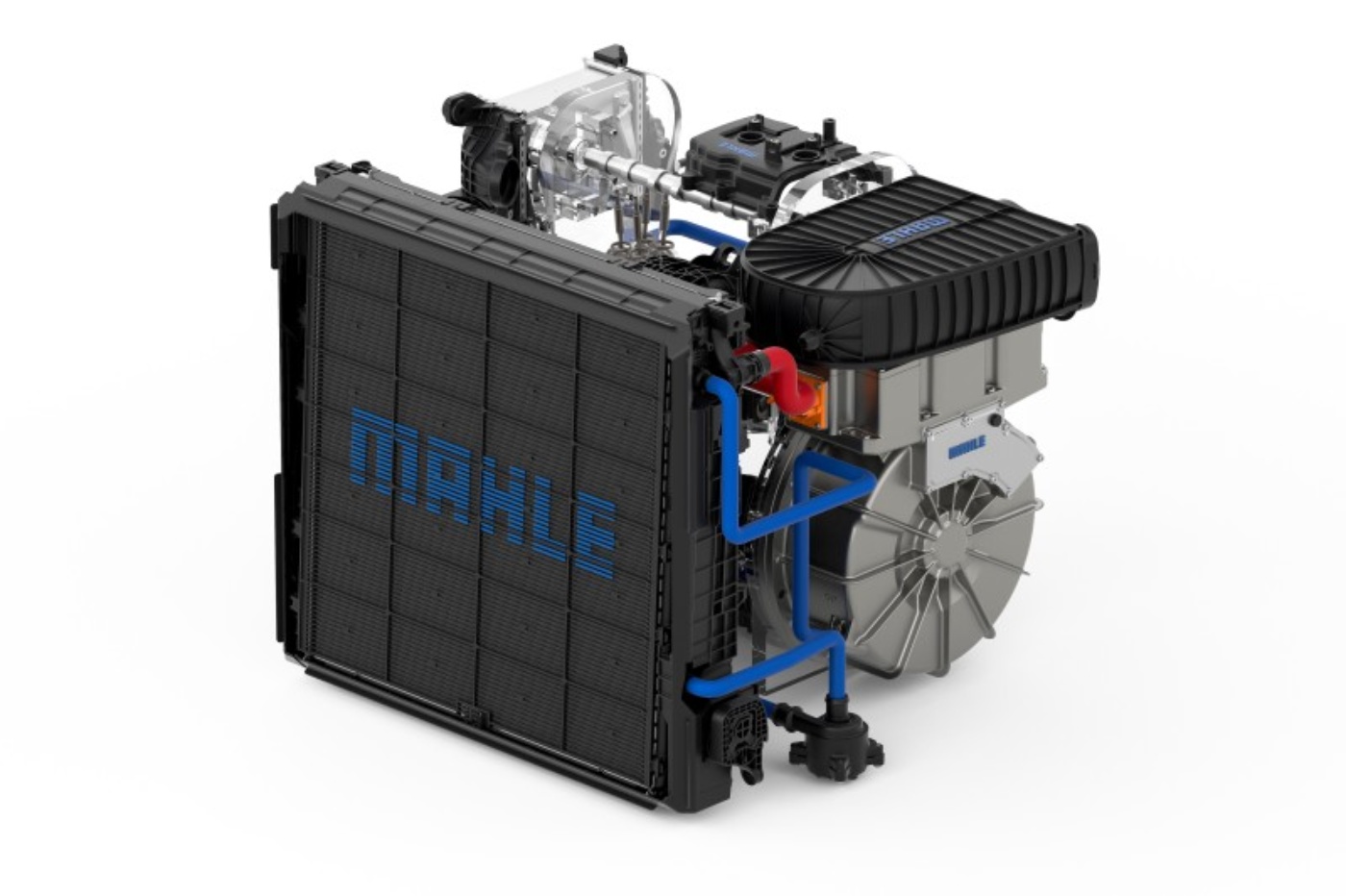 MAHLE electric drive unit with cooling module shown on a white background.