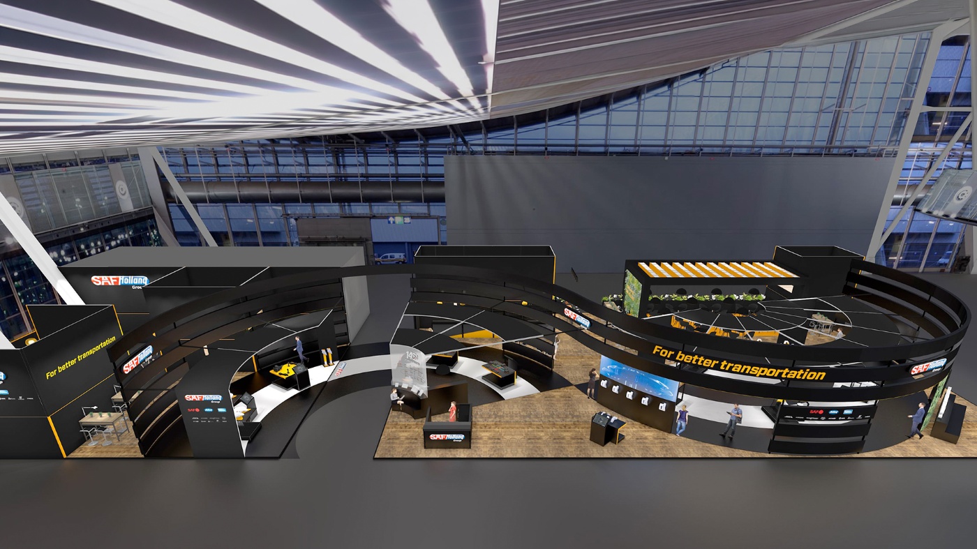 SAF-Holland exhibition stand with product displays and meeting areas at a trade fair.