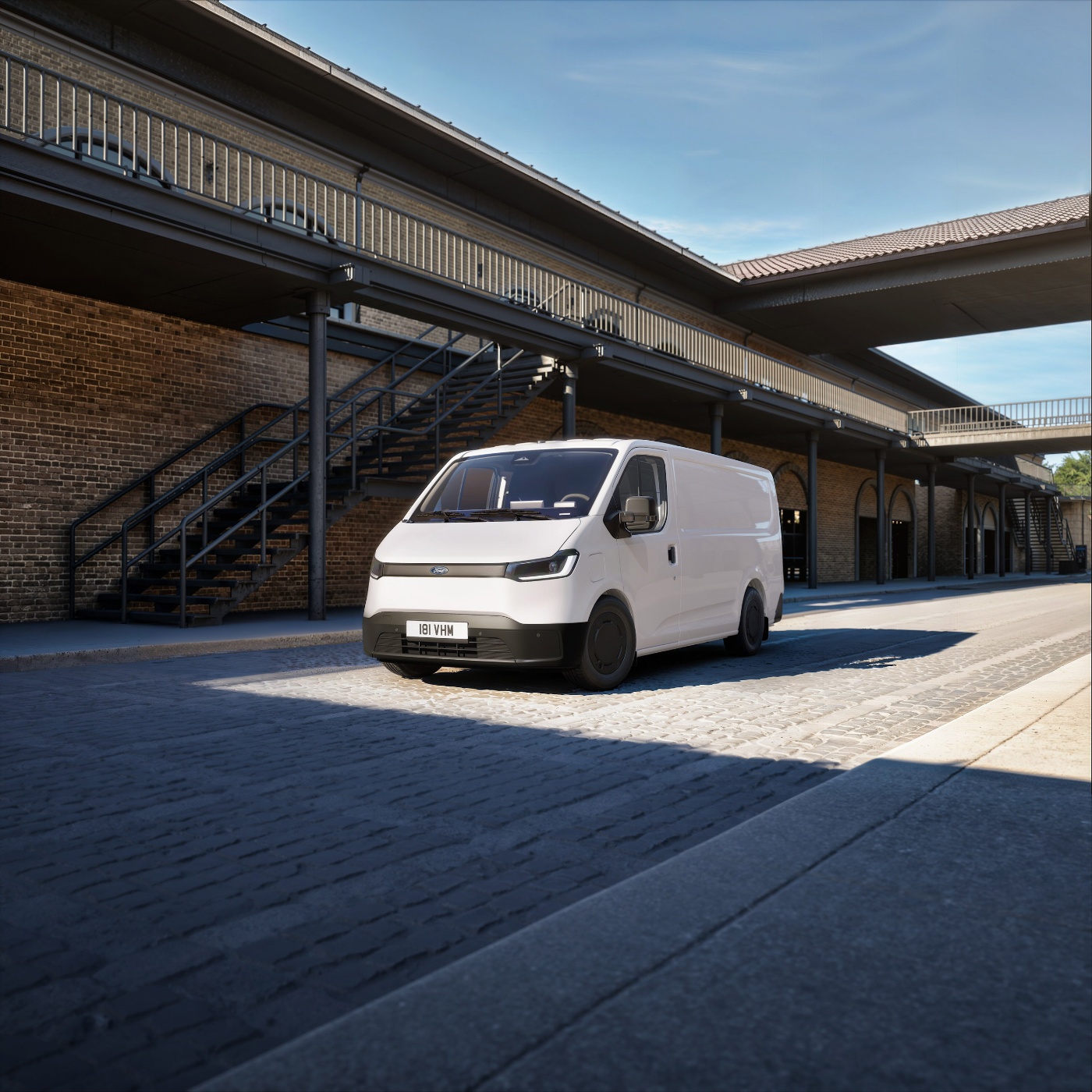 Ford Pro cargo van parked in a courtyard between historic buildings.