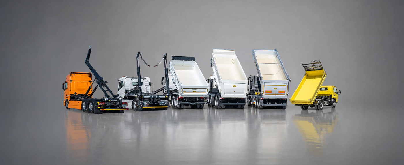 Meiller lineup of truck bodies and tipping systems on a white background.
