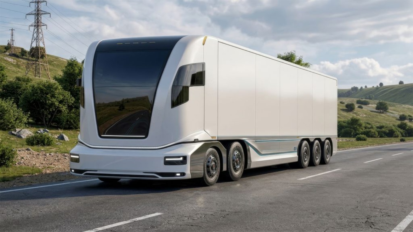 Futuristischer Elektro-Lkw fährt auf einer Landstraße.