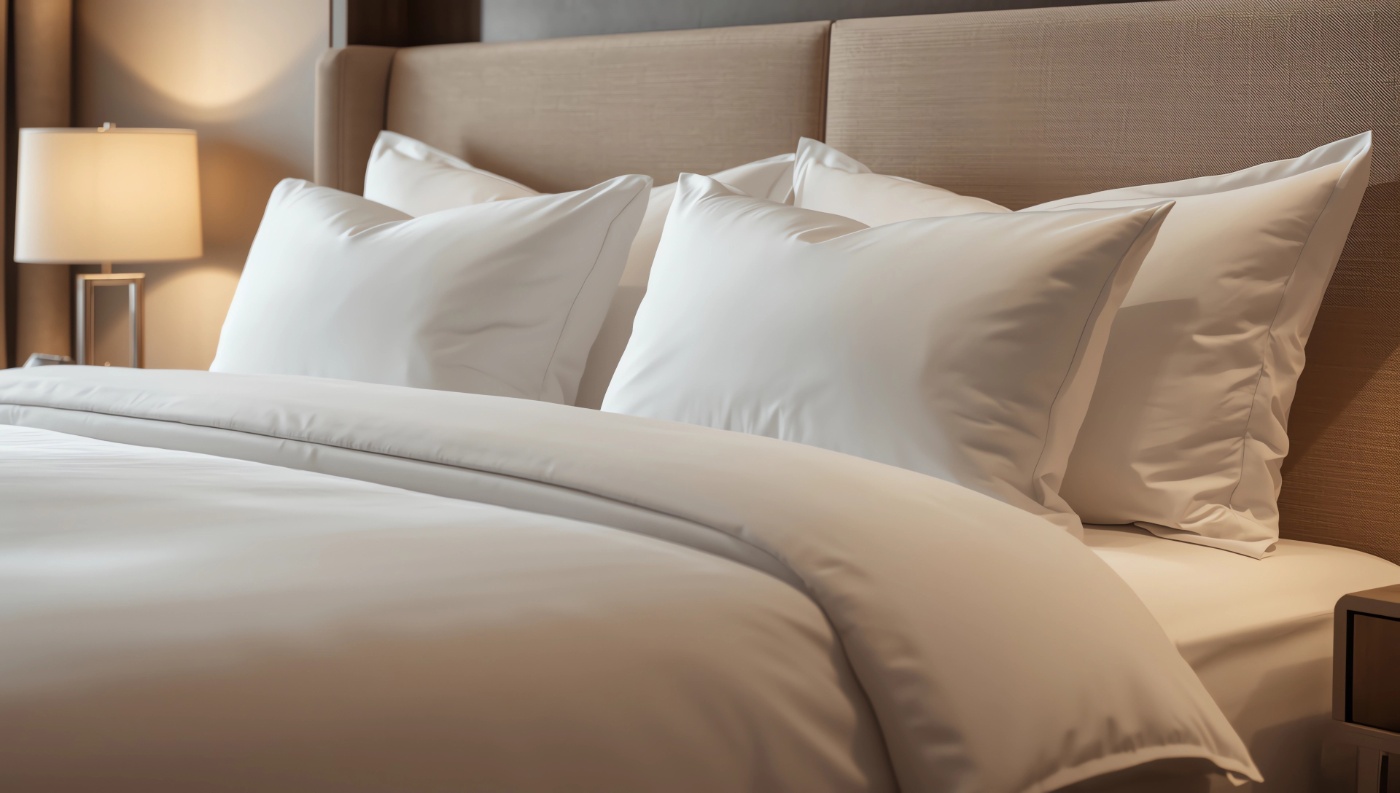 Komfortables Hotelbett mit weißen Kissen und einer Nachttischlampe.