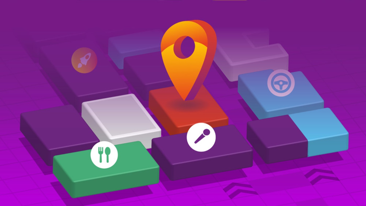 Illustration eines digitalen Hallenplans mit Standortmarkierung und Service-Symbolen.