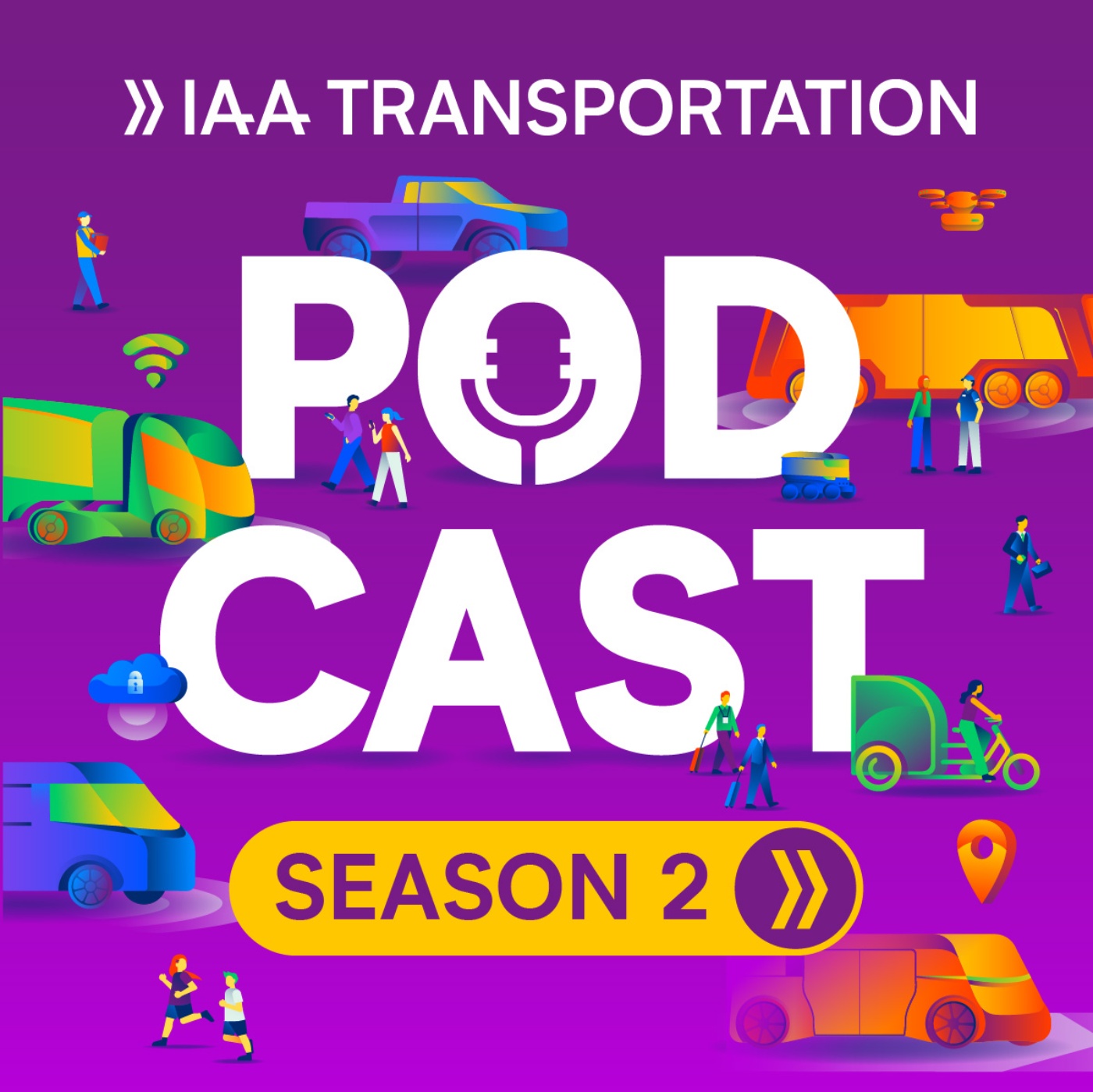 IAA Transportation Podcast-Cover Staffel 2 mit Mobilitäts- und Transportsymbolen.