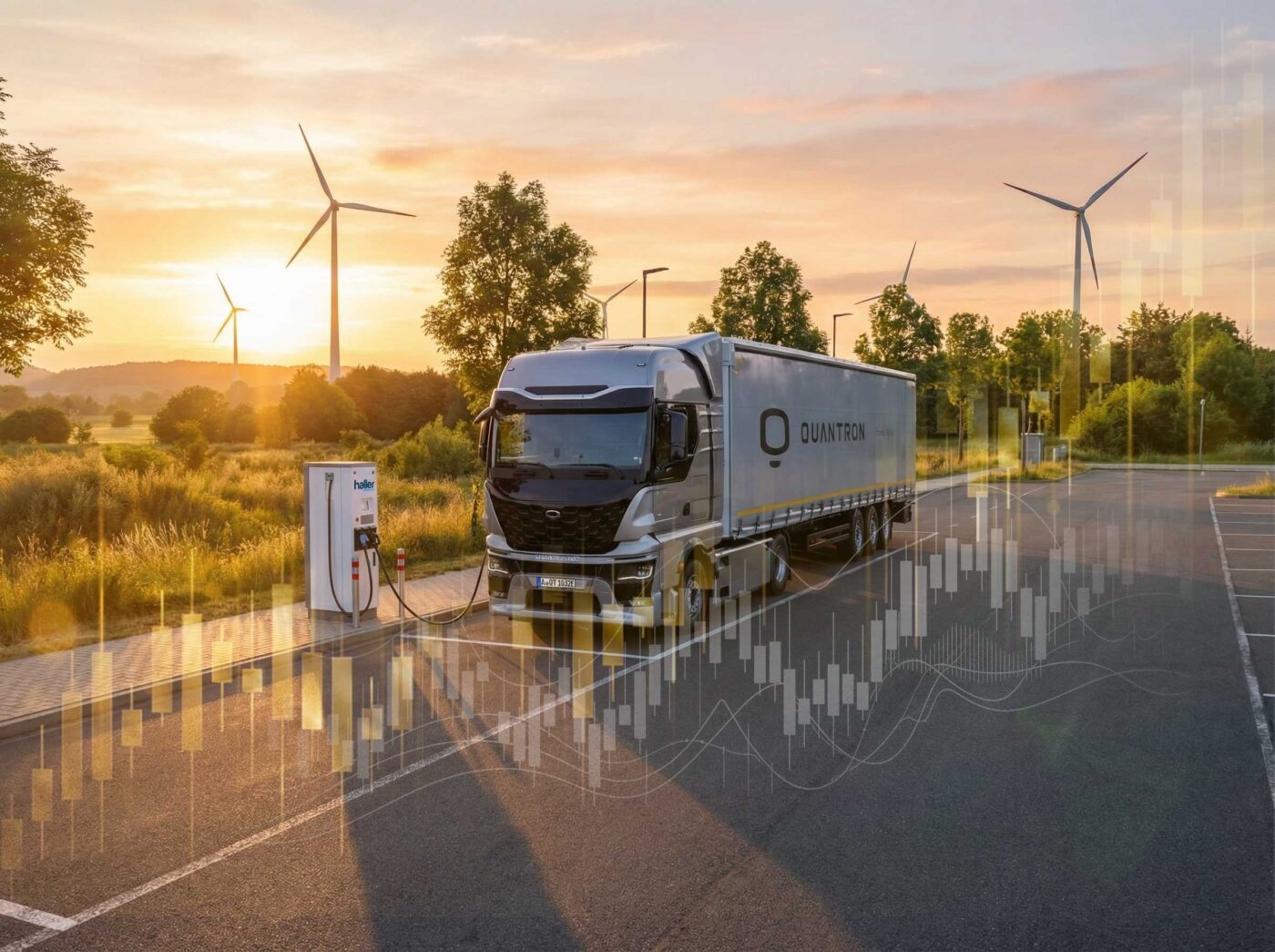 Quantron Elektro-Lkw an einer Ladestation mit Windrädern und Finanzdiagrammen.