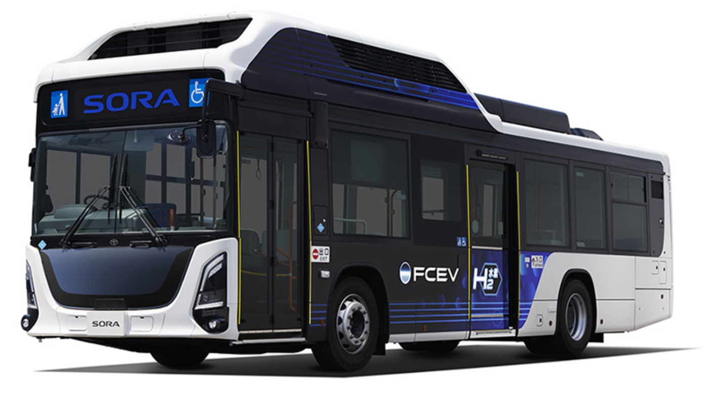 SORA-Brennstoffzellenbus in Vorder- und Seitenansicht.