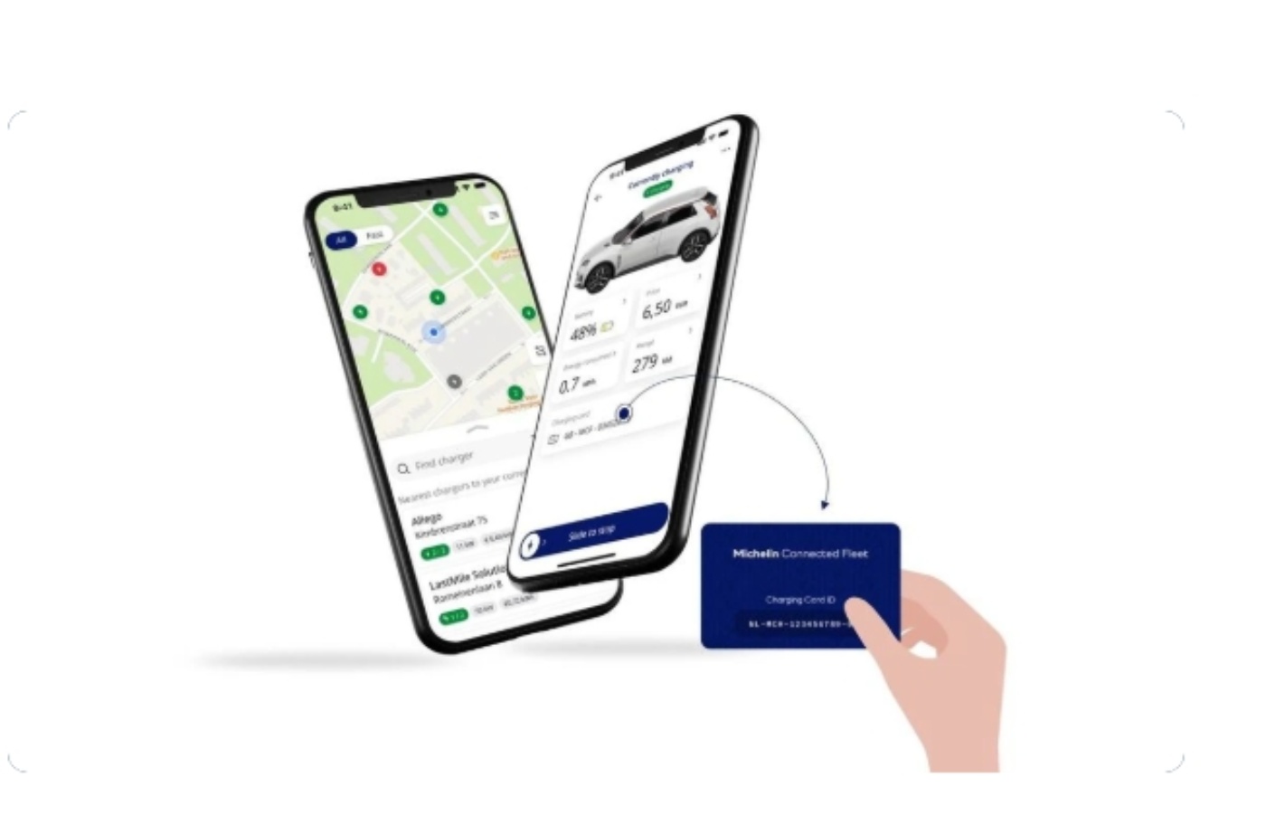 Two smartphones showing a map and vehicle details, with a hand holding a blue card.