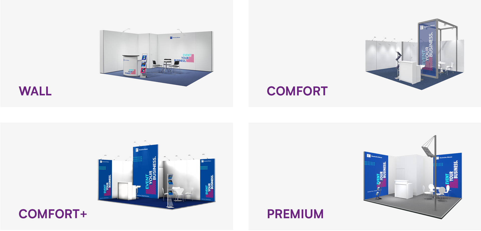 Four trade fair booth packages labeled Wall, Comfort, Comfort+ and Premium, shown in mockups.