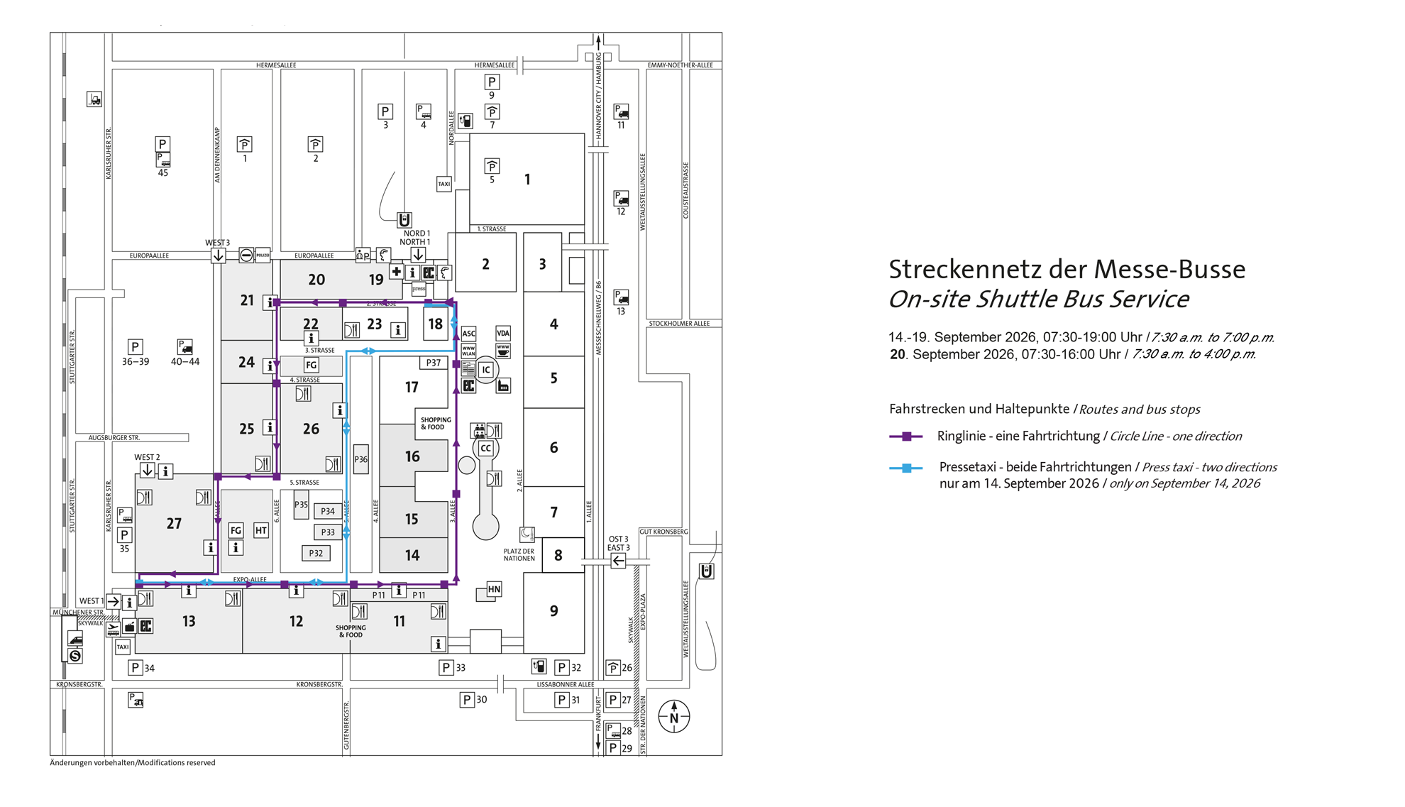 Map of on-site shuttle bus routes and stops at the exhibition grounds.