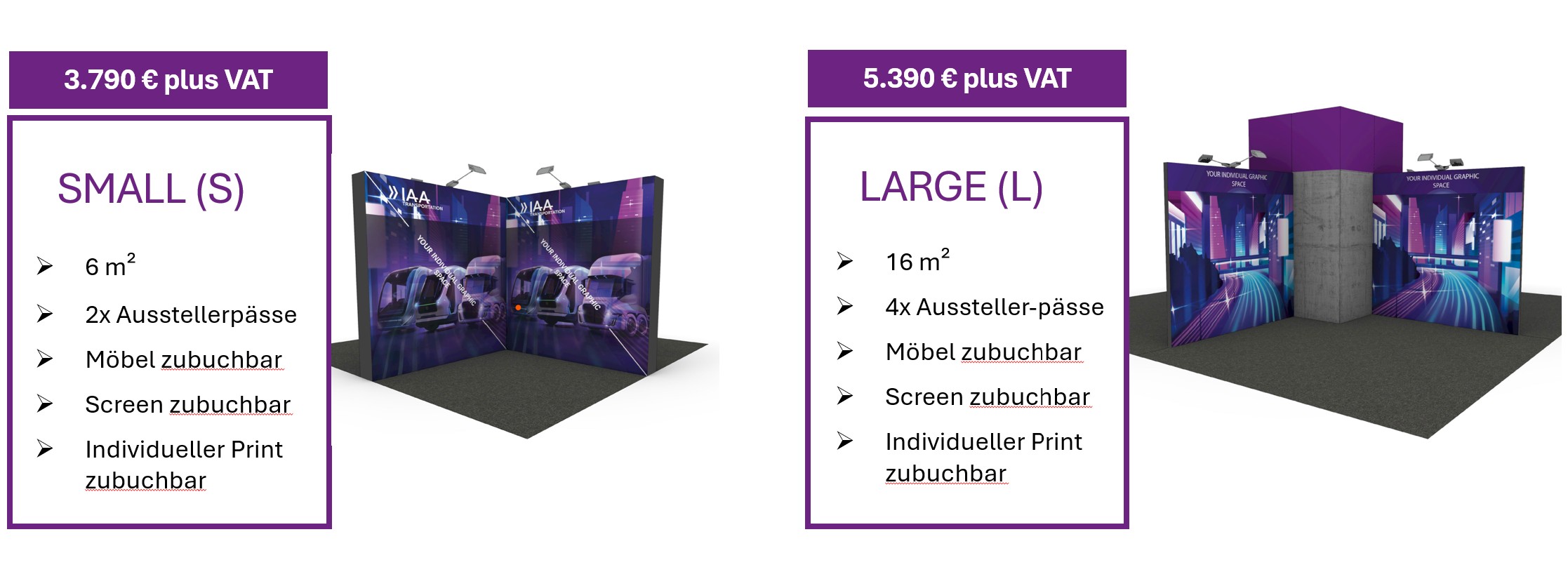 Preisübersicht der Startup Area Pakete Small und Large mit Leistungen.