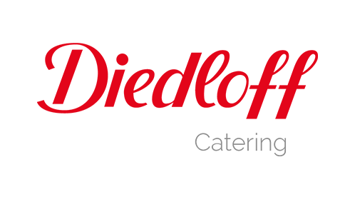 Diedloff Catering logo in red and white on a black background.