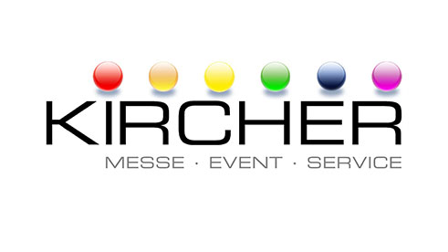 Kircher logo with colored spheres above the text Messe, Event, Service.